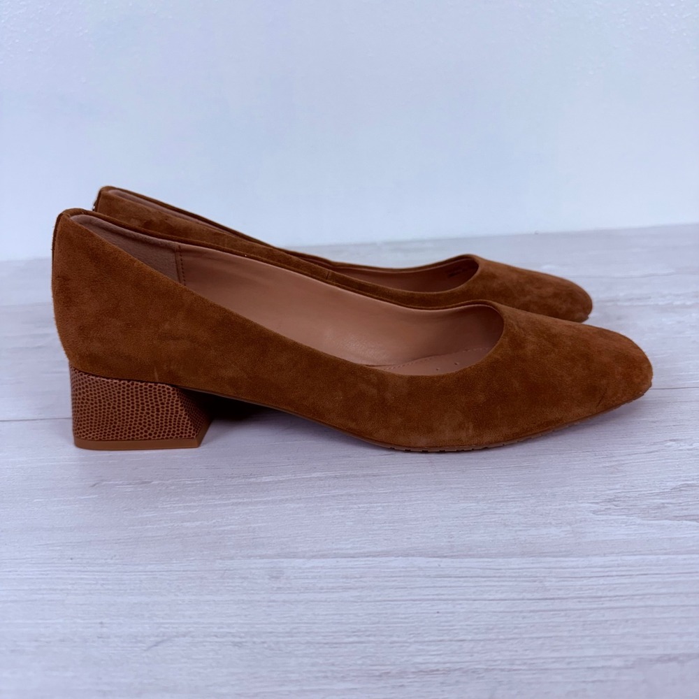 NYDJ Teddie Suede Block Heel Pumps Women 7.5 Brown Leather Square Toe Minimalist - Picture 9 of 14